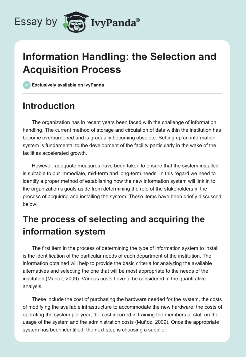 Information Handling: the Selection and Acquisition Process. Page 1