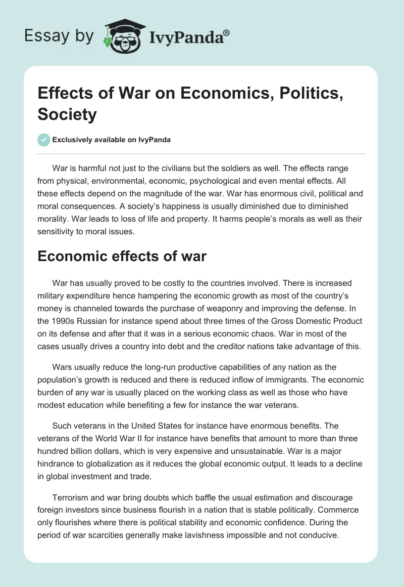 Effects of War on Economics, Politics, Society. Page 1