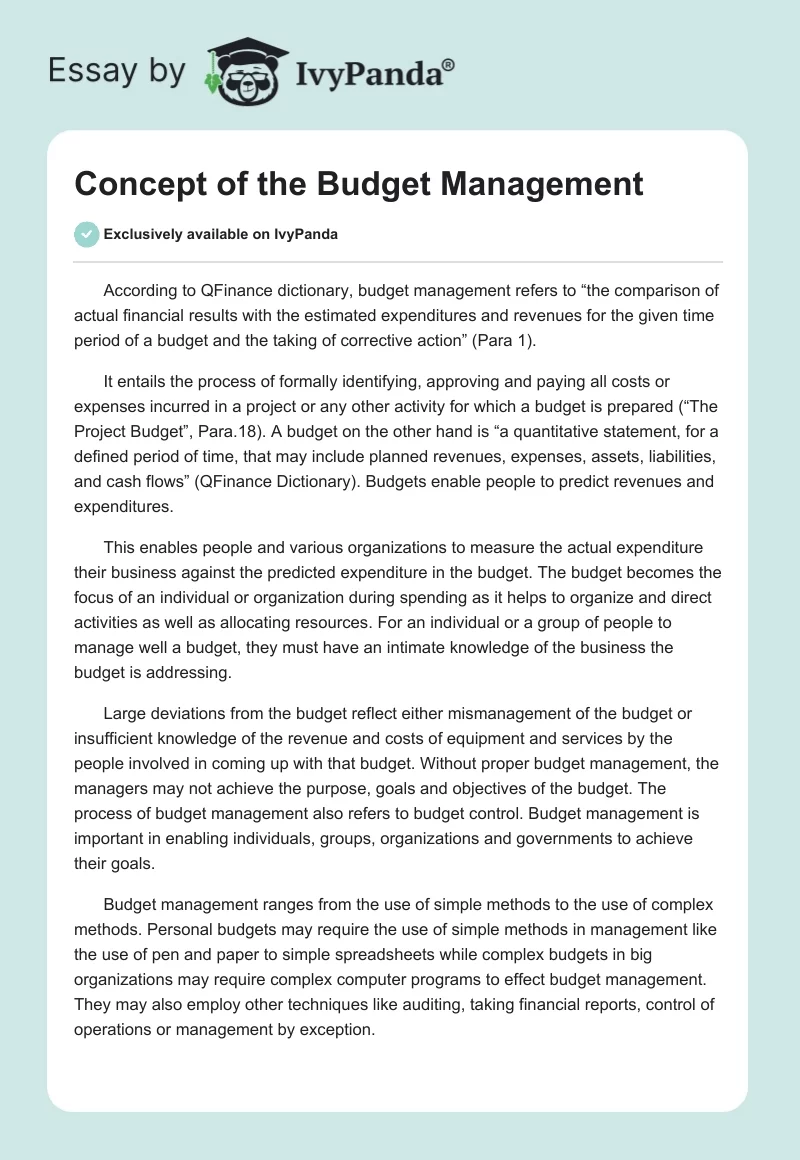 Concept of the Budget Management. Page 1