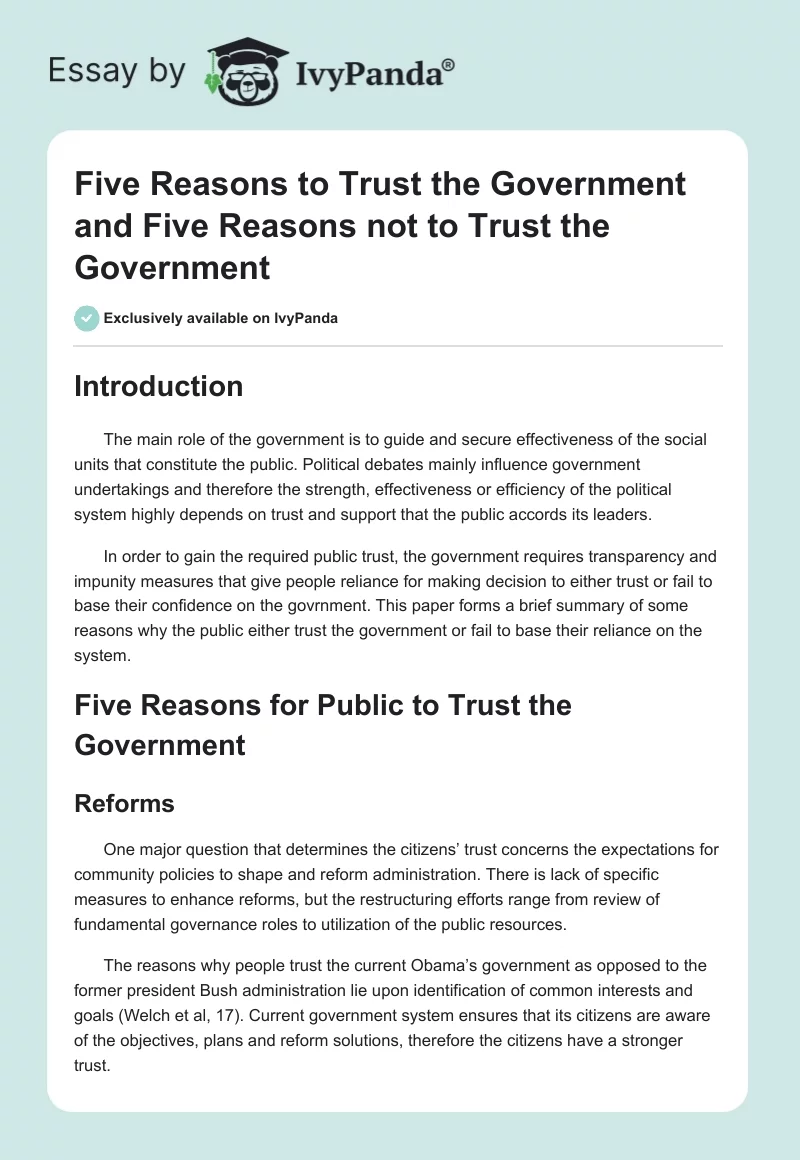 Five Reasons to Trust the Government and Five Reasons not to Trust the Government. Page 1