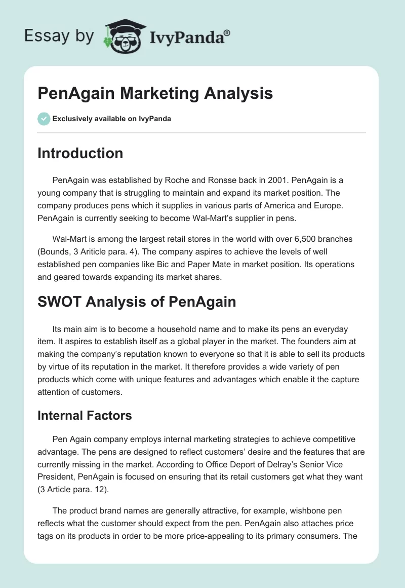 PenAgain Marketing Analysis. Page 1
