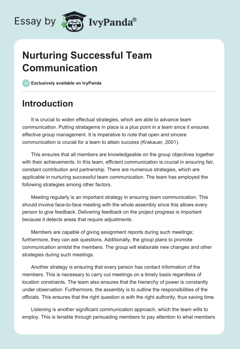 Nurturing Successful Team Communication. Page 1