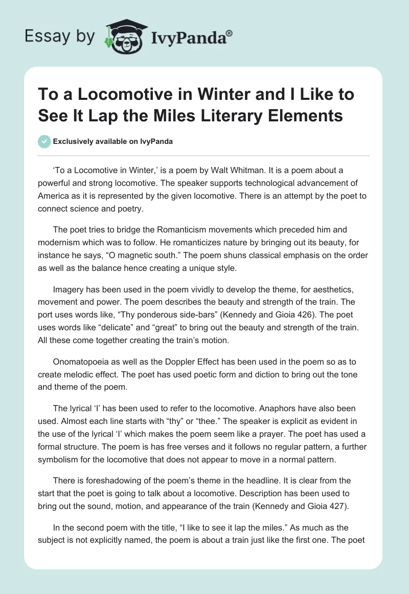 "To a Locomotive in Winter" and "I Like to See It Lap the Miles" Literary Elements. Page 1