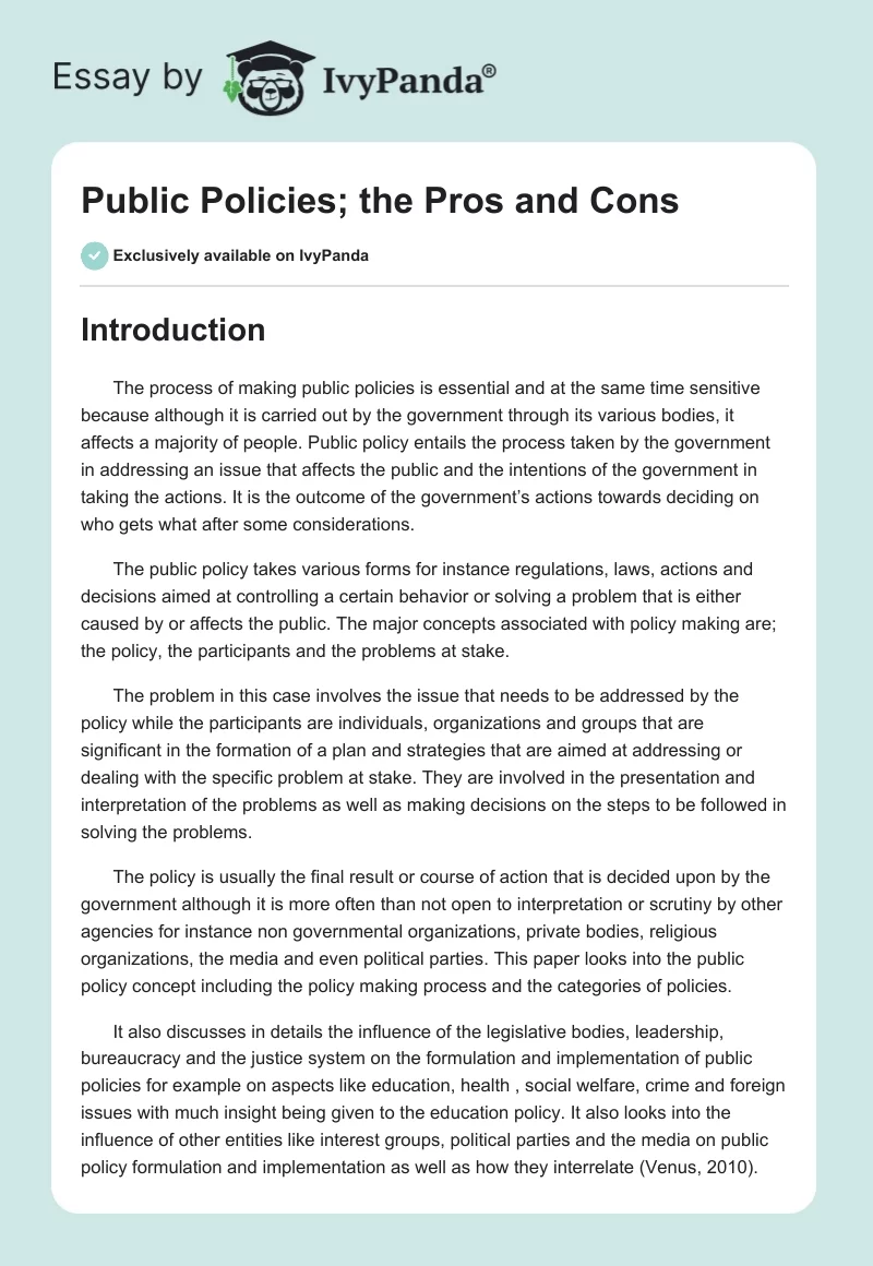 Public Policies; the Pros and Cons. Page 1