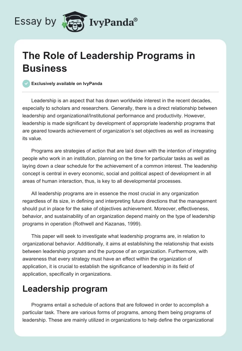 The Role of Leadership Programs in Business. Page 1