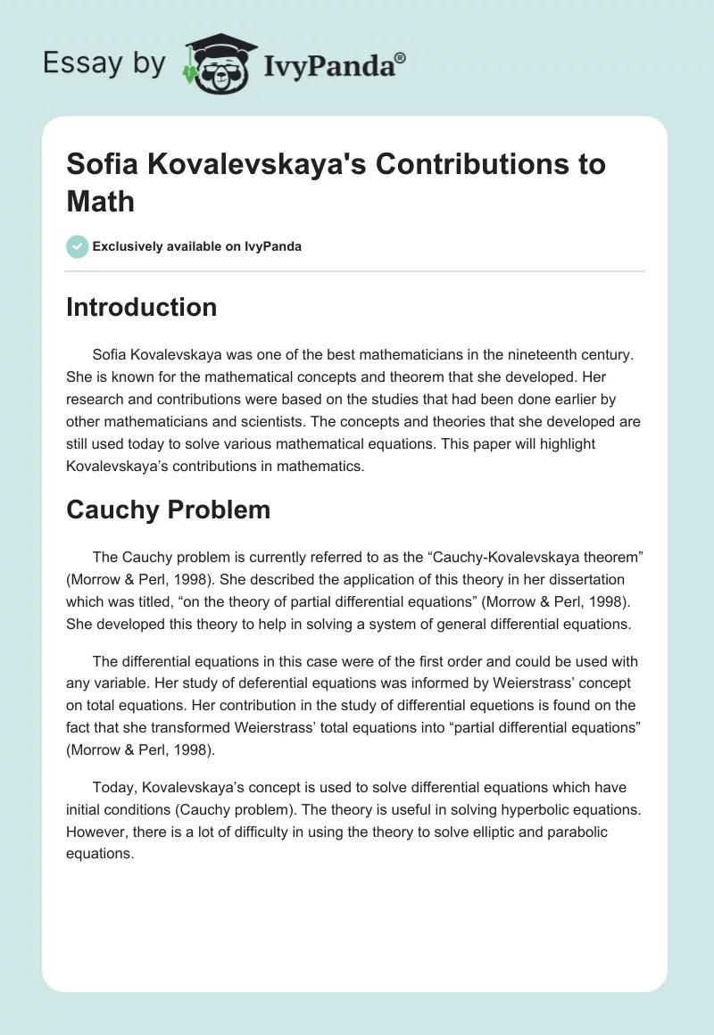 Sofia Kovalevskaya's Contributions to Math. Page 1