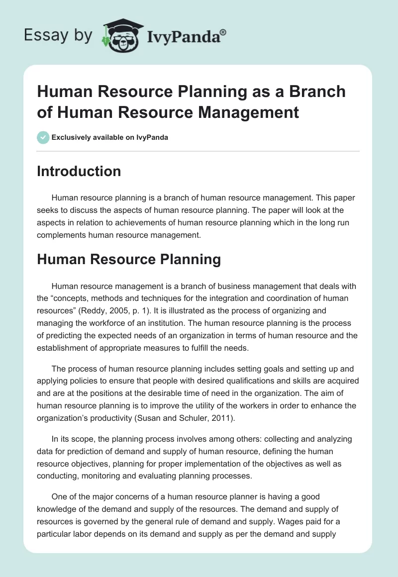 Human Resource Planning as a Branch of Human Resource Management. Page 1