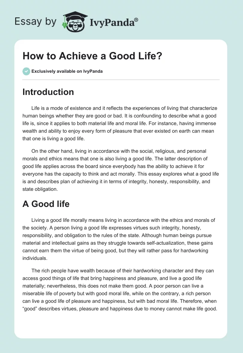 definition of a good life essay