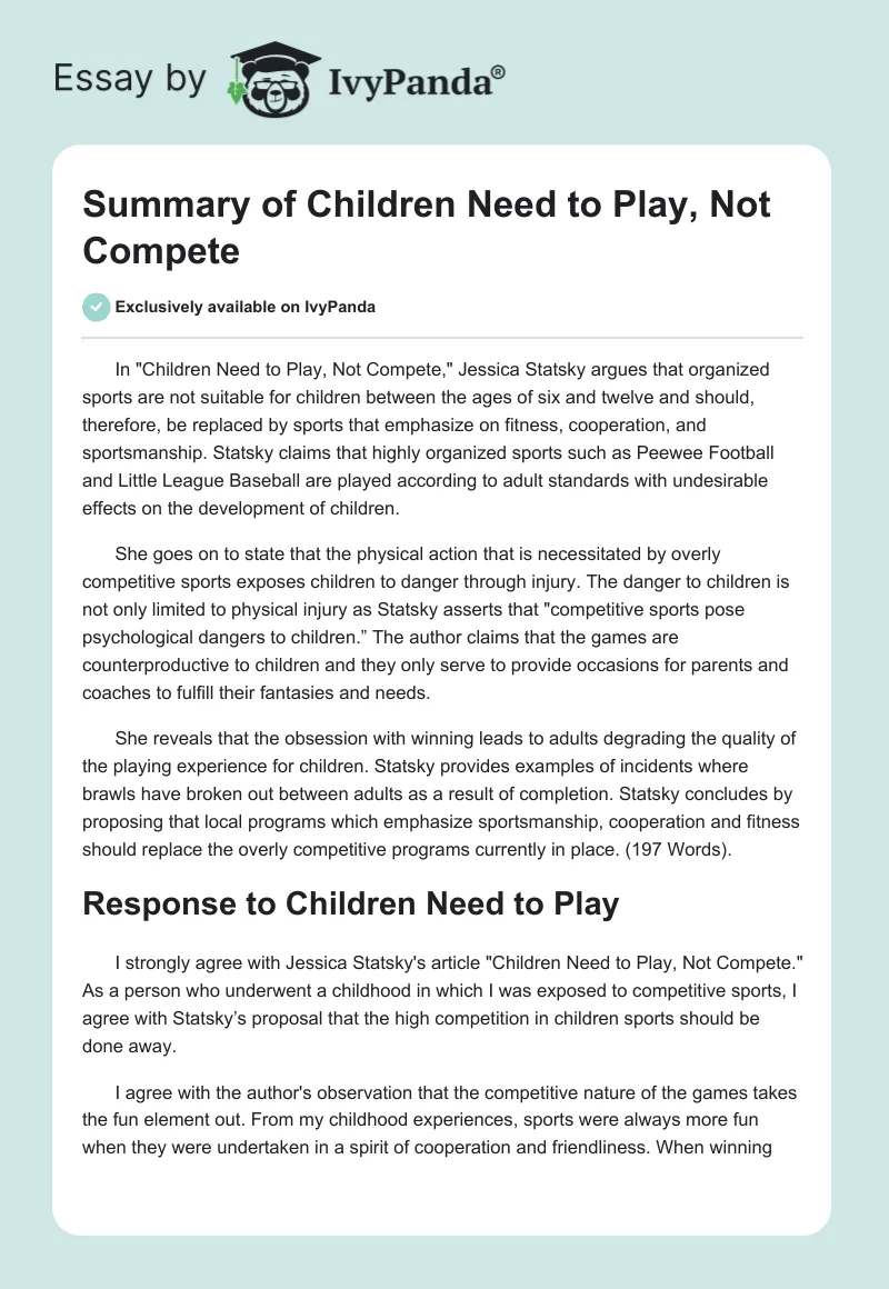 Summary of "Children Need to Play, Not Compete". Page 1