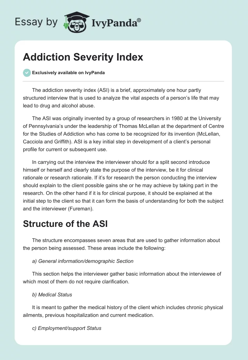 Addiction Severity Index. Page 1