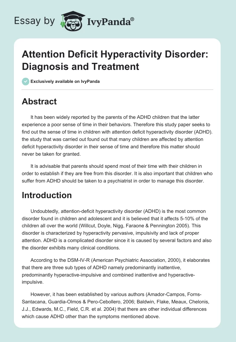 Attention Deficit Hyperactivity Disorder: Diagnosis and Treatment. Page 1
