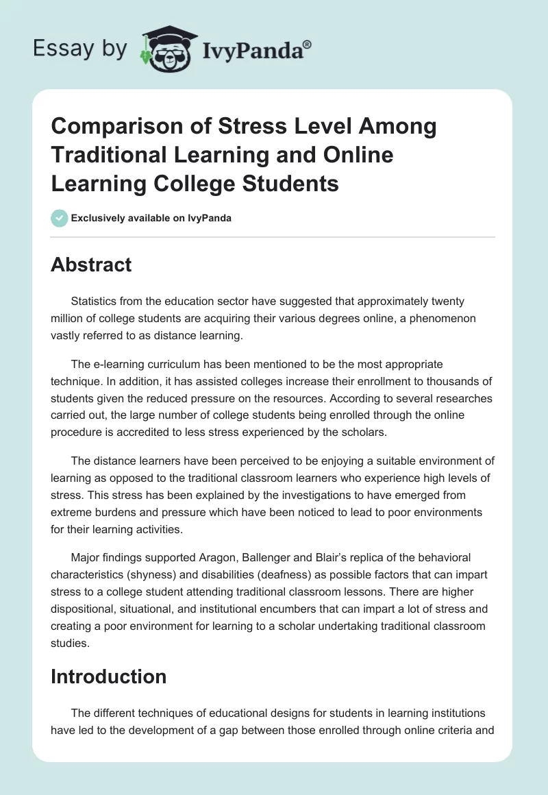 Comparison of Stress Level Among Traditional Learning and Online Learning College Students. Page 1