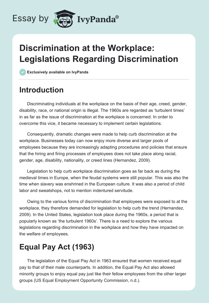 Discrimination at the Workplace: Legislations Regarding Discrimination. Page 1