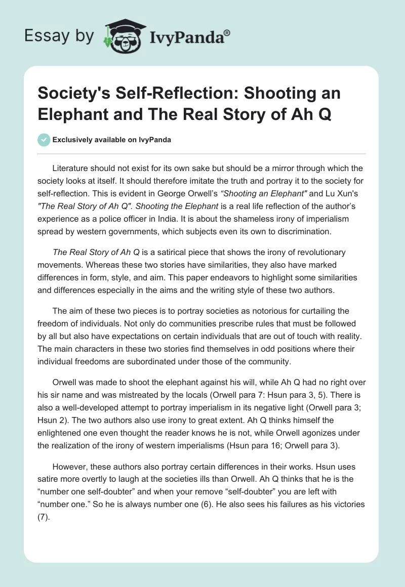 Society's Self-Reflection: "Shooting an Elephant" and "The Real Story of Ah Q". Page 1
