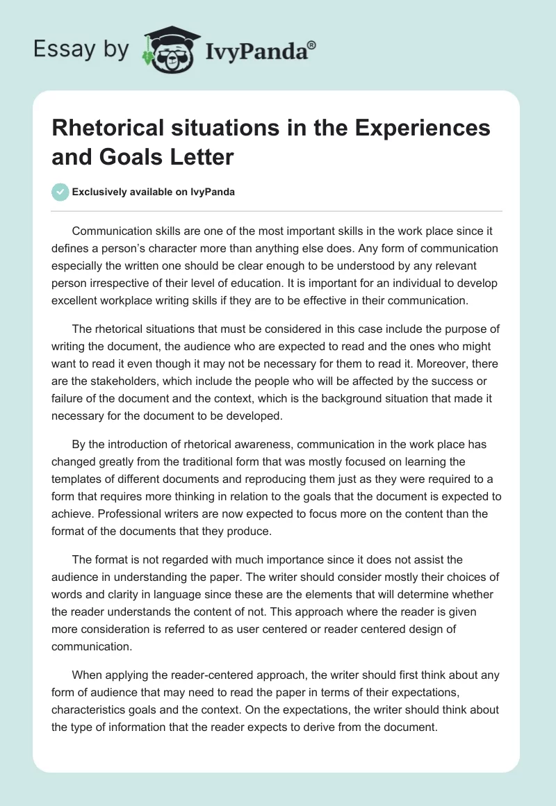 Rhetorical situations in the Experiences and Goals Letter. Page 1