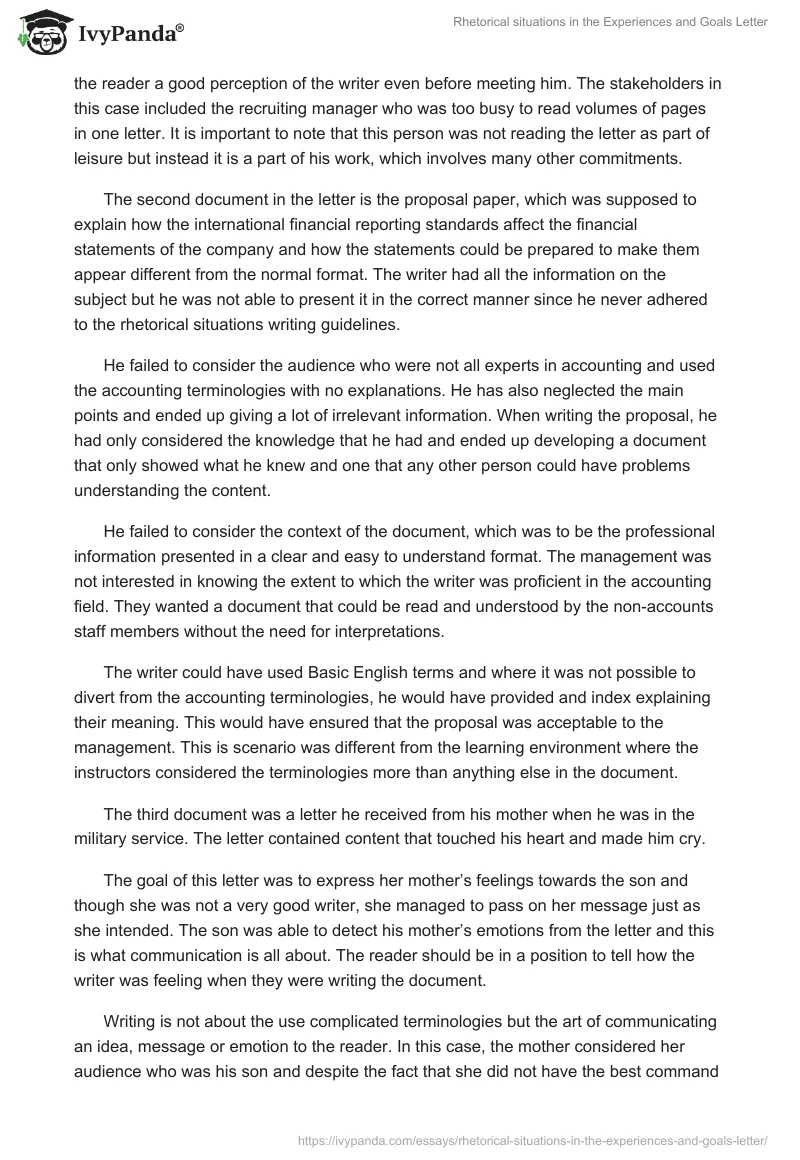 Rhetorical situations in the Experiences and Goals Letter. Page 4