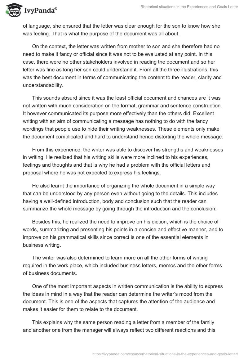 Rhetorical situations in the Experiences and Goals Letter. Page 5