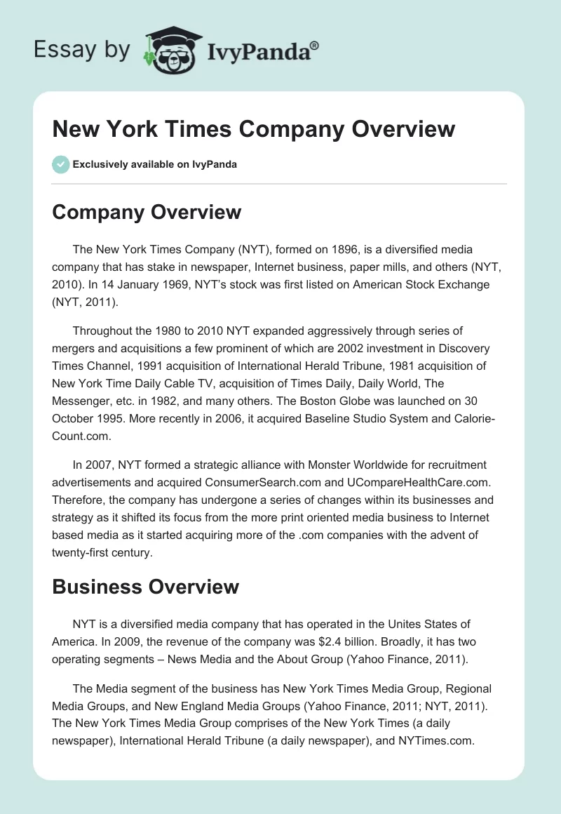 New York Times Company Overview. Page 1