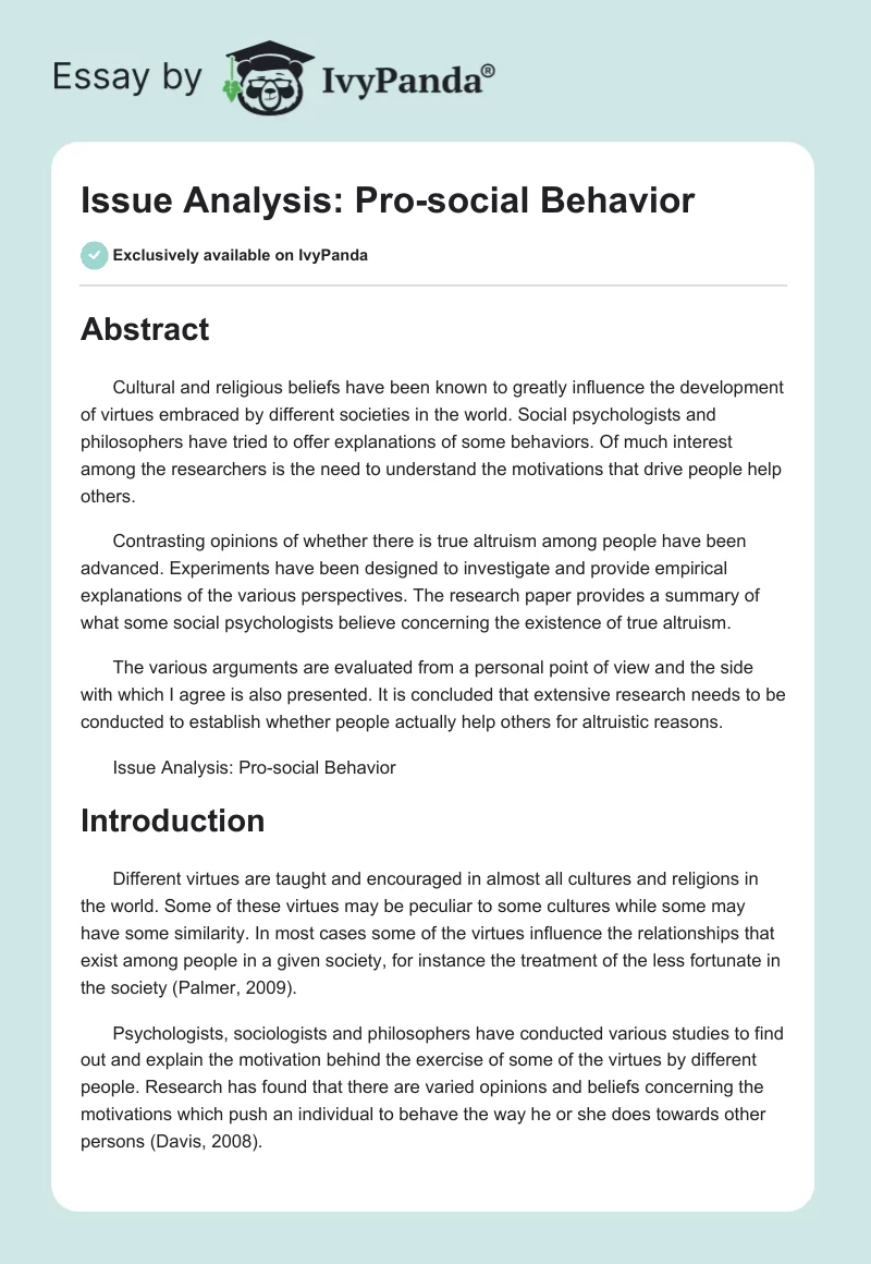 Issue Analysis: Pro-social Behavior. Page 1