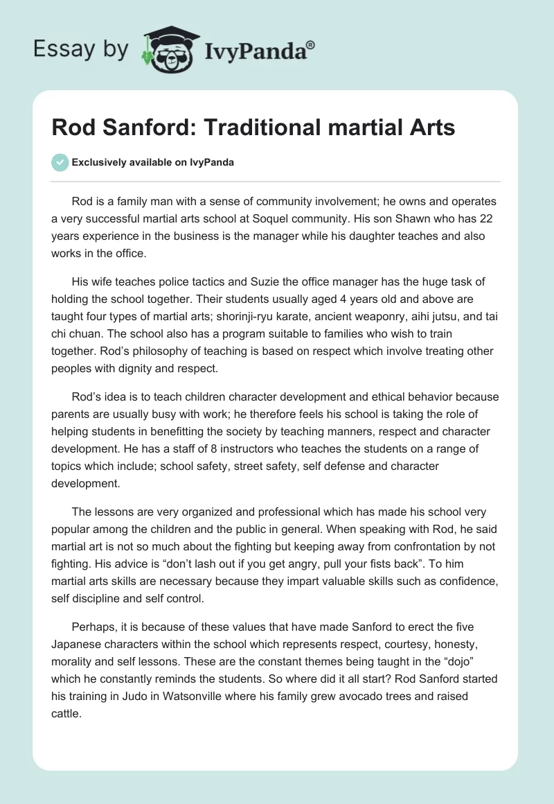 Rod Sanford: Traditional martial Arts. Page 1