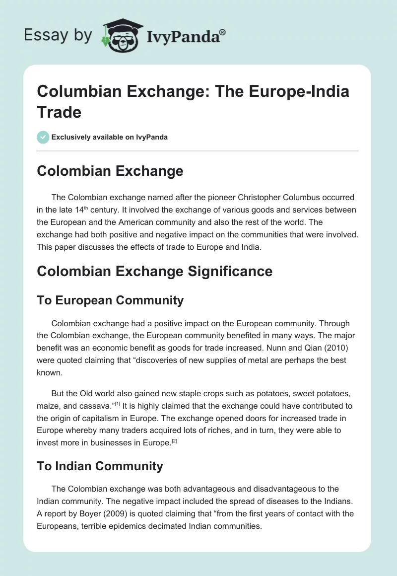 Columbian Exchange: The Europe-India Trade. Page 1