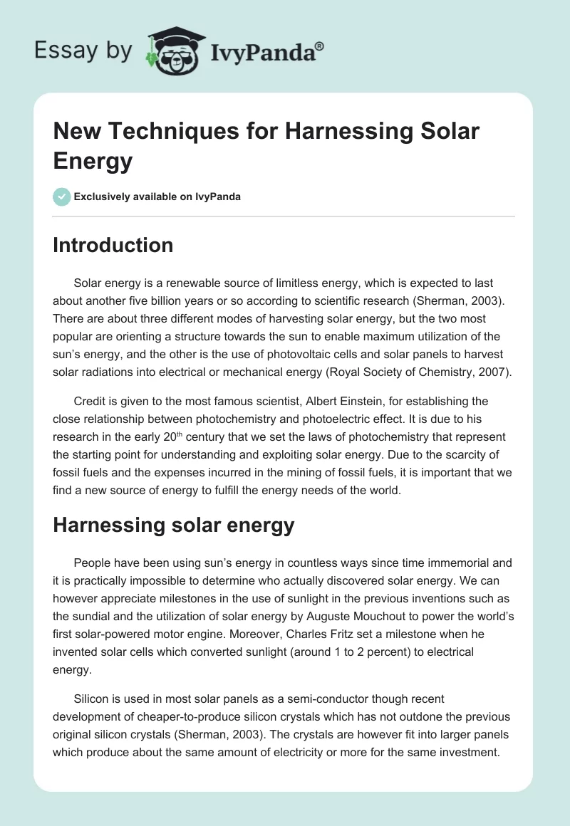 New Techniques for Harnessing Solar Energy. Page 1