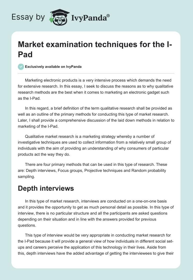 Market examination techniques for the I-Pad. Page 1