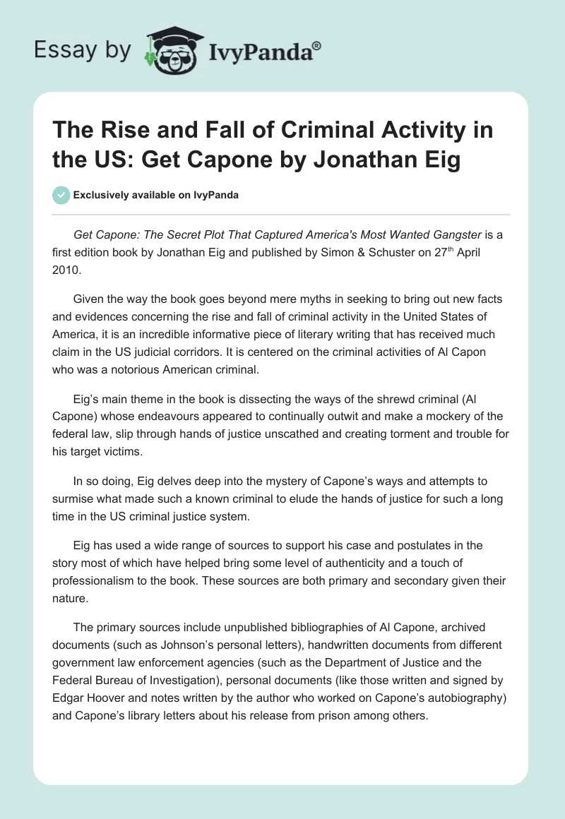 The Rise and Fall of Criminal Activity in the US: "Get Capone" by Jonathan Eig. Page 1