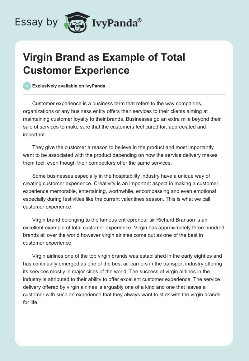 Virgin Brand as Example of Total Customer Experience. Page 1