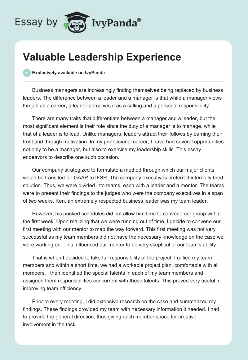 Valuable Leadership Experience. Page 1
