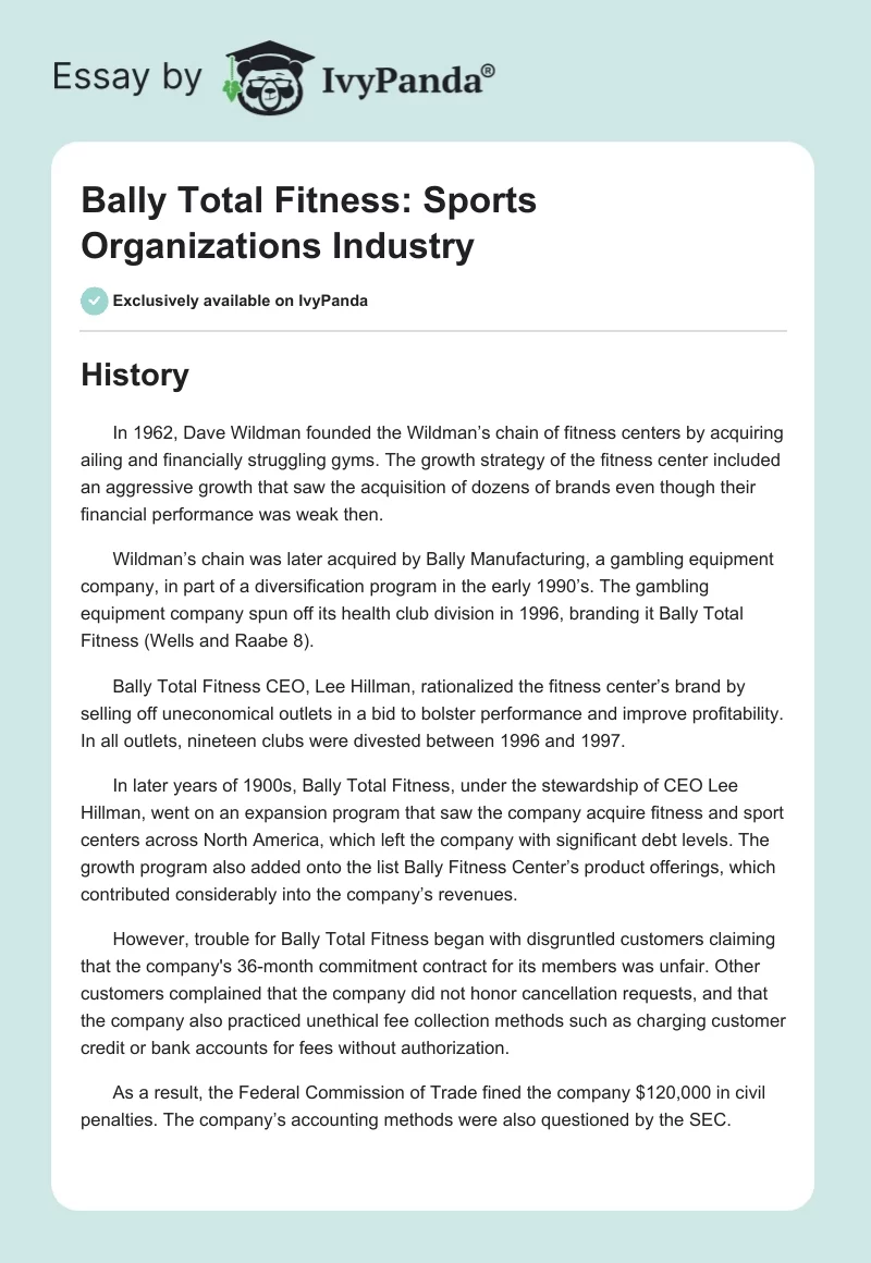 Bally Total Fitness: Sports Organizations Industry. Page 1