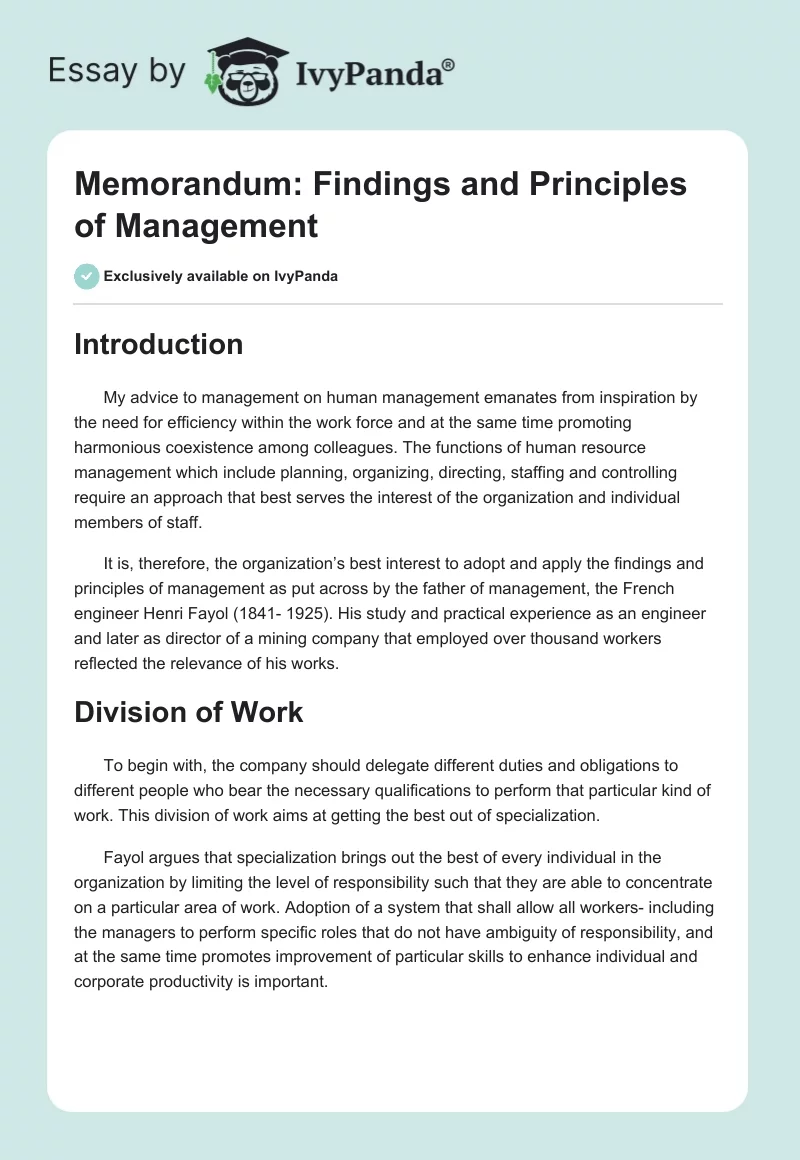 Memorandum: Findings and Principles of Management. Page 1