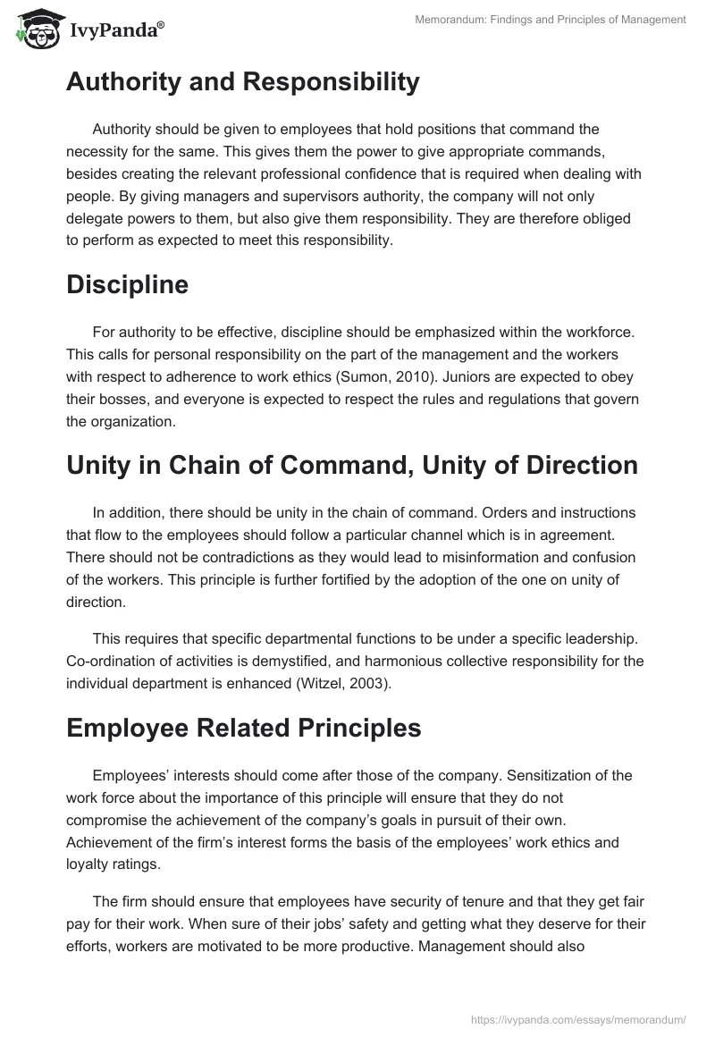 Memorandum: Findings and Principles of Management. Page 2
