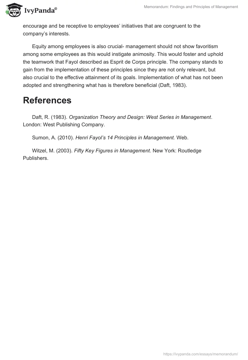 Memorandum: Findings and Principles of Management. Page 3