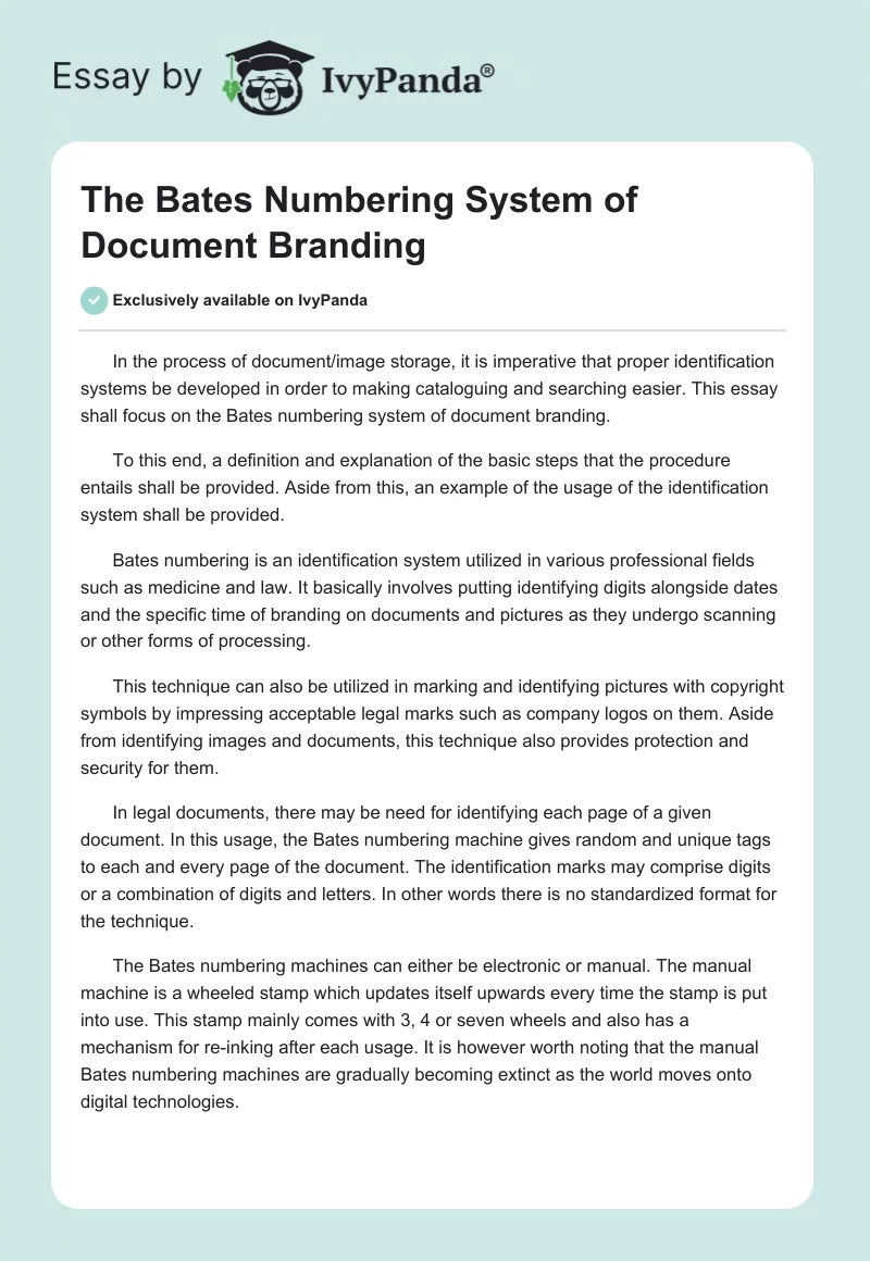 The Bates Numbering System of Document Branding. Page 1