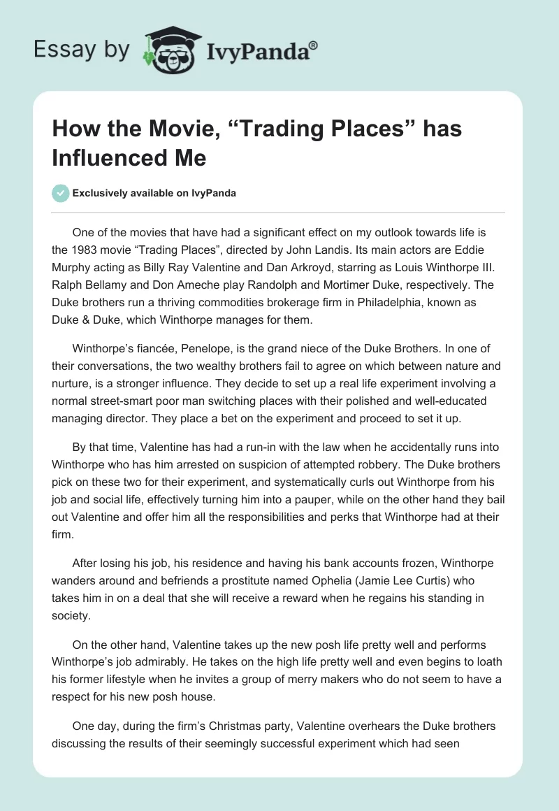 How the Movie, “Trading Places” Has Influenced Me. Page 1