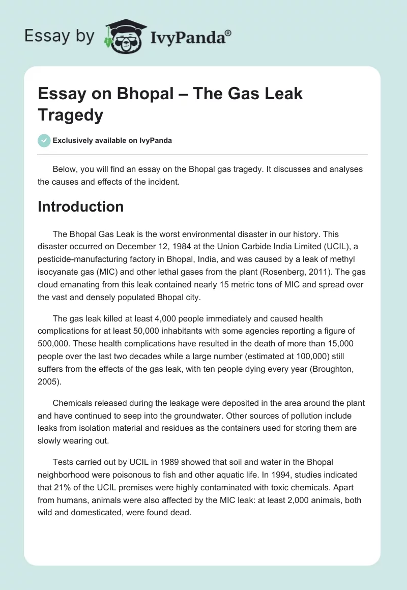 Essay on Bhopal – The Gas Leak Tragedy. Page 1