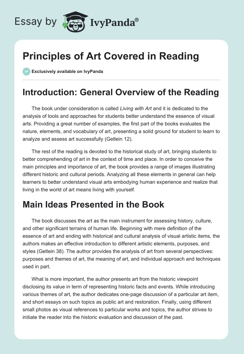 Principles of Art Covered in Reading. Page 1