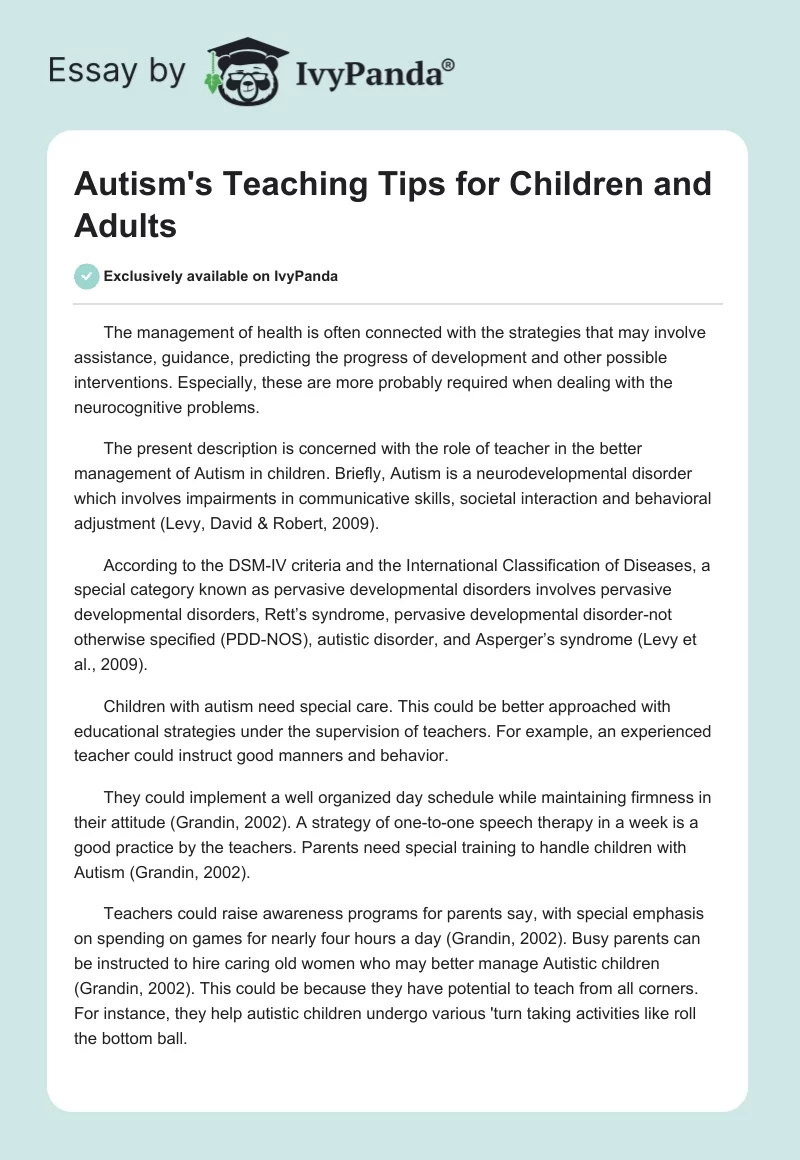 Autism's Teaching Tips for Children and Adults. Page 1