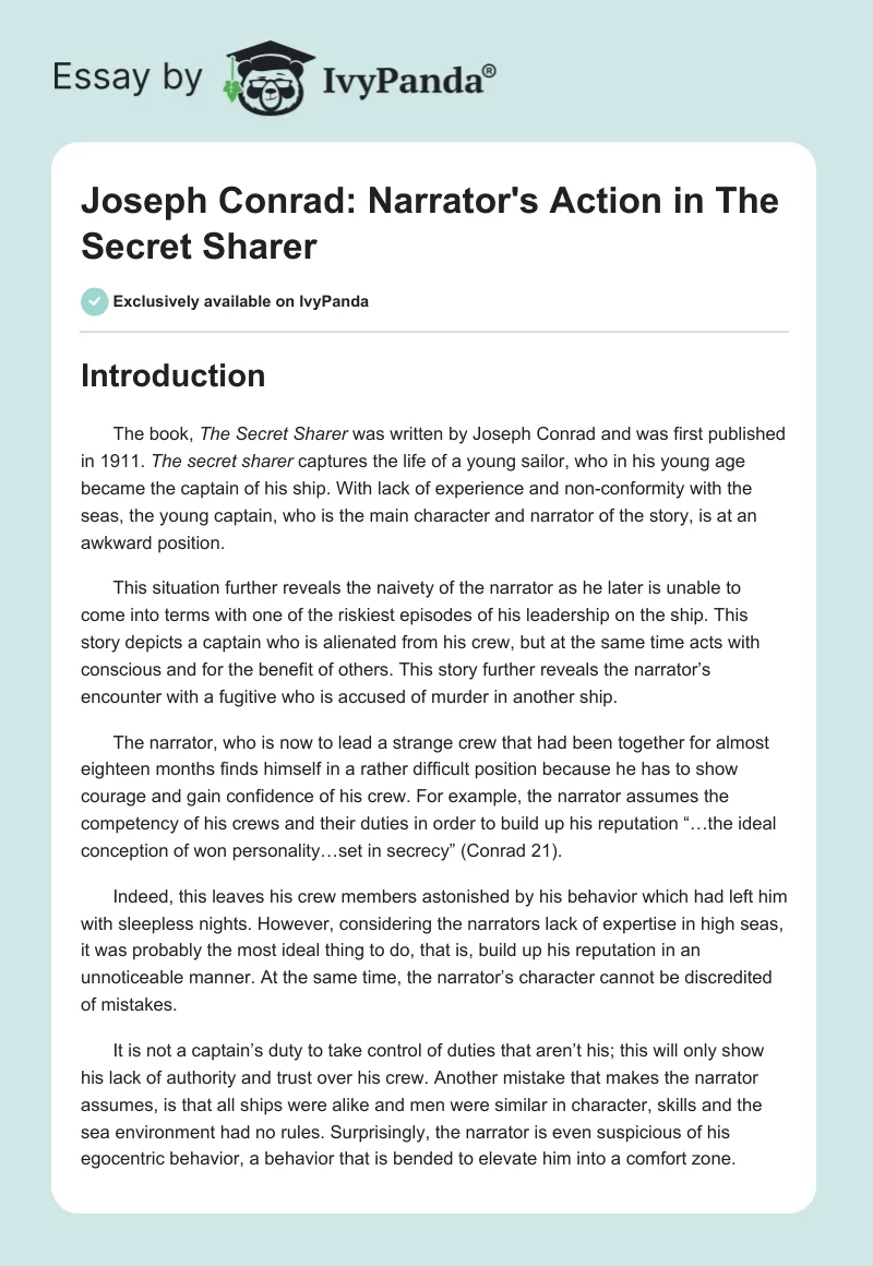 Joseph Conrad: Narrator's Action in "The Secret Sharer". Page 1