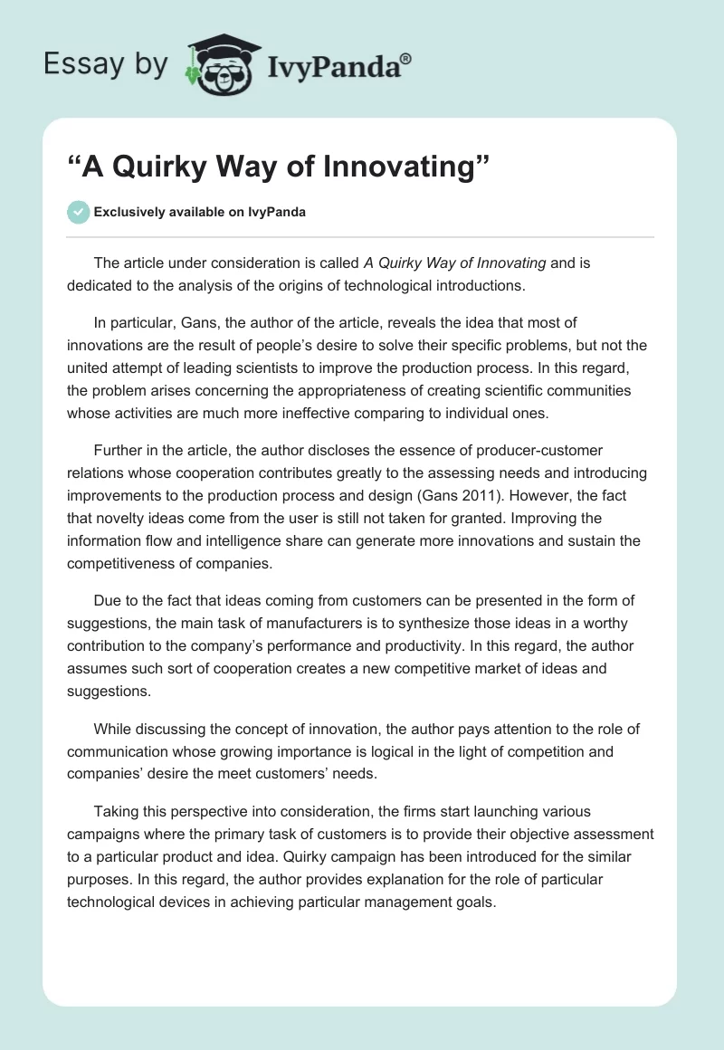 “A Quirky Way of Innovating”. Page 1