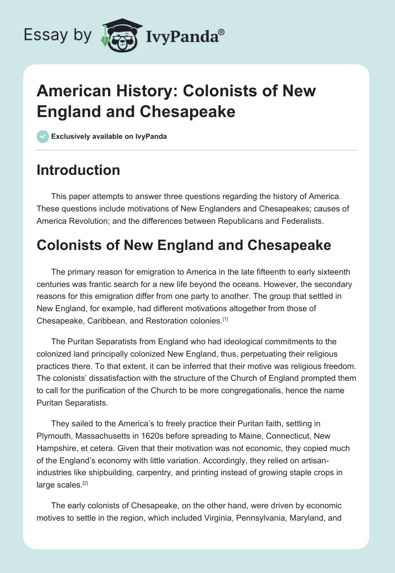 American History: Colonists of New England and Chesapeake. Page 1