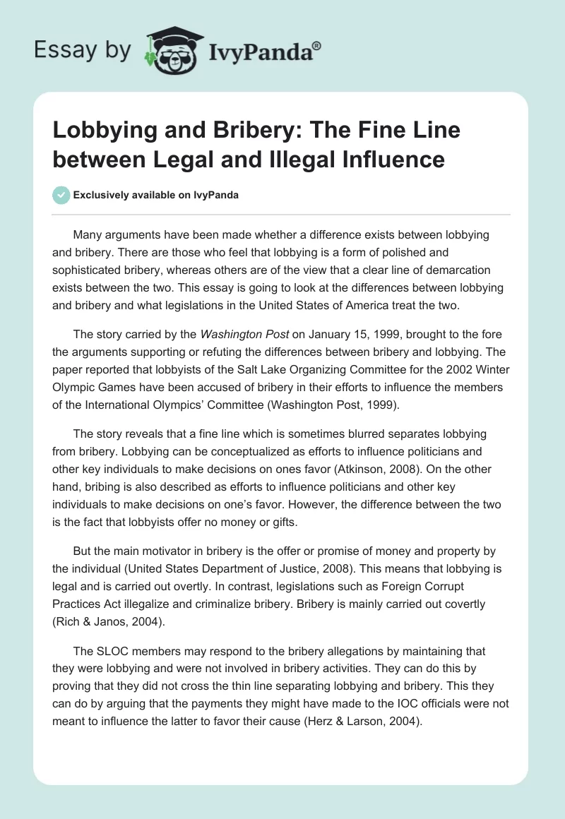 Lobbying and Bribery: The Fine Line between Legal and Illegal Influence. Page 1
