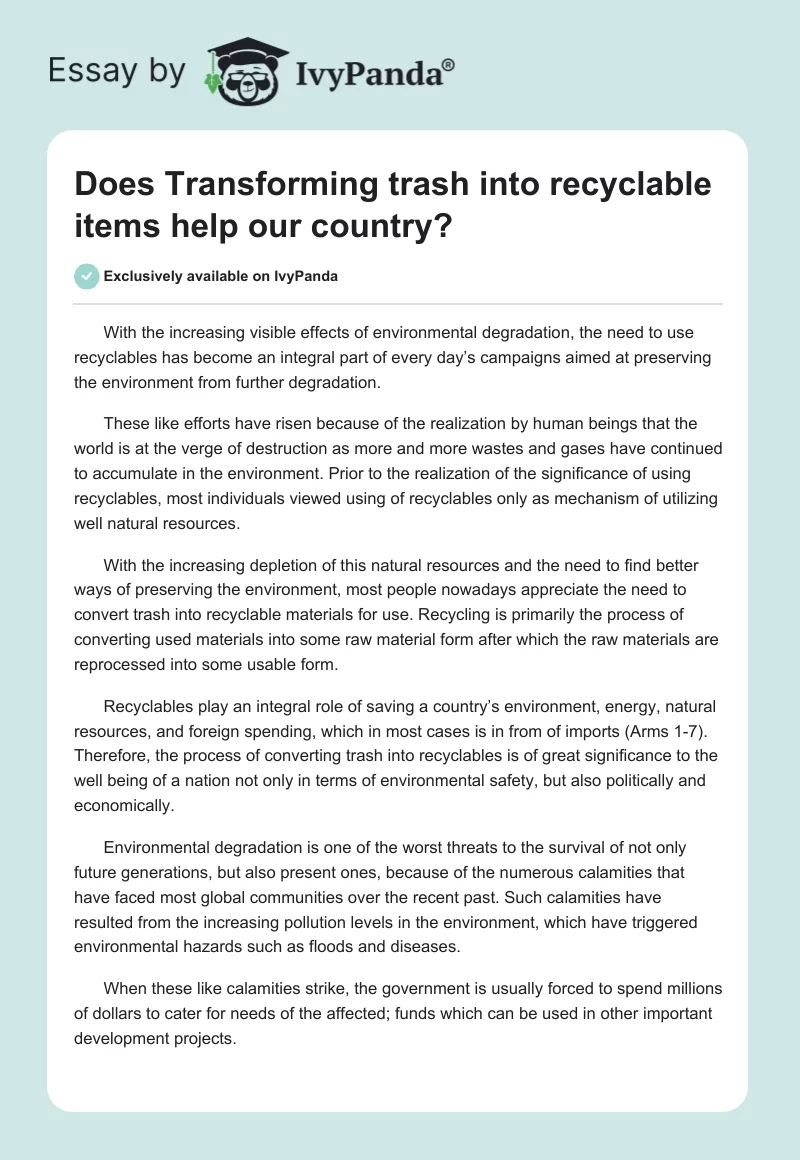 Does Transforming trash into recyclable items help our country?. Page 1