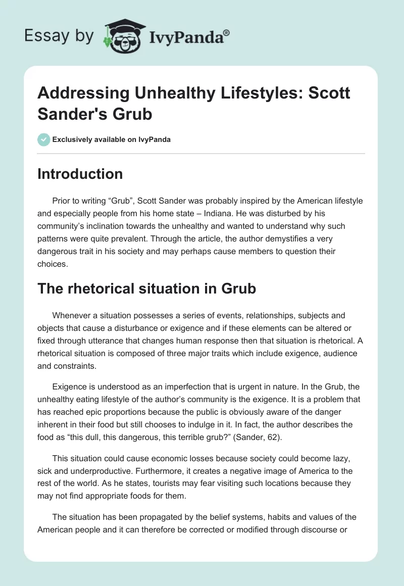 Addressing Unhealthy Lifestyles: Scott Sander's "Grub". Page 1