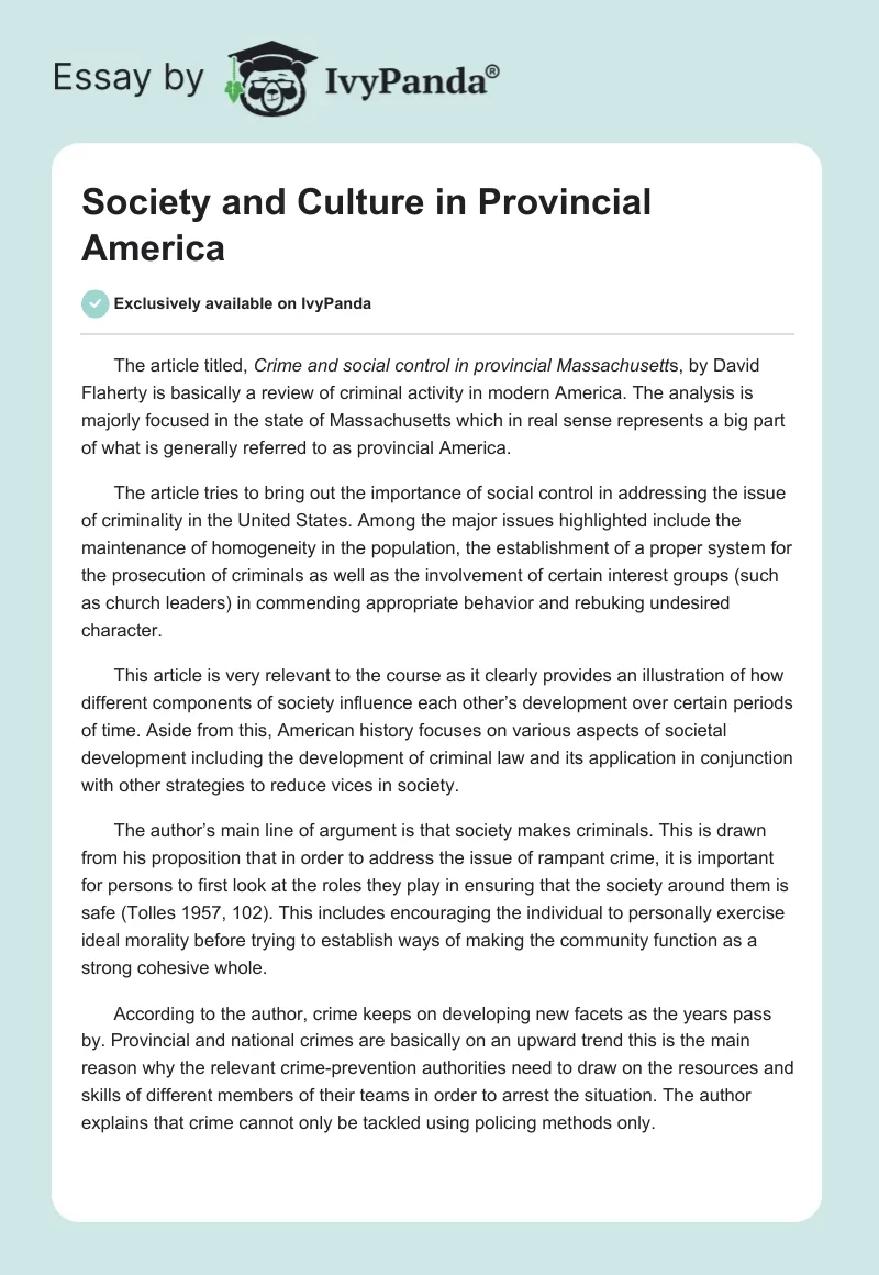Society and Culture in Provincial America. Page 1