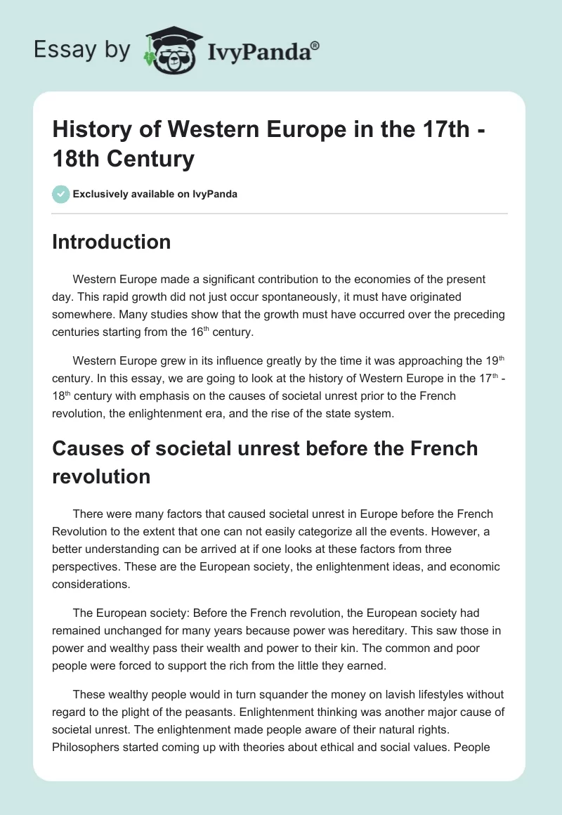 History of Western Europe in the 17th -18th Century. Page 1
