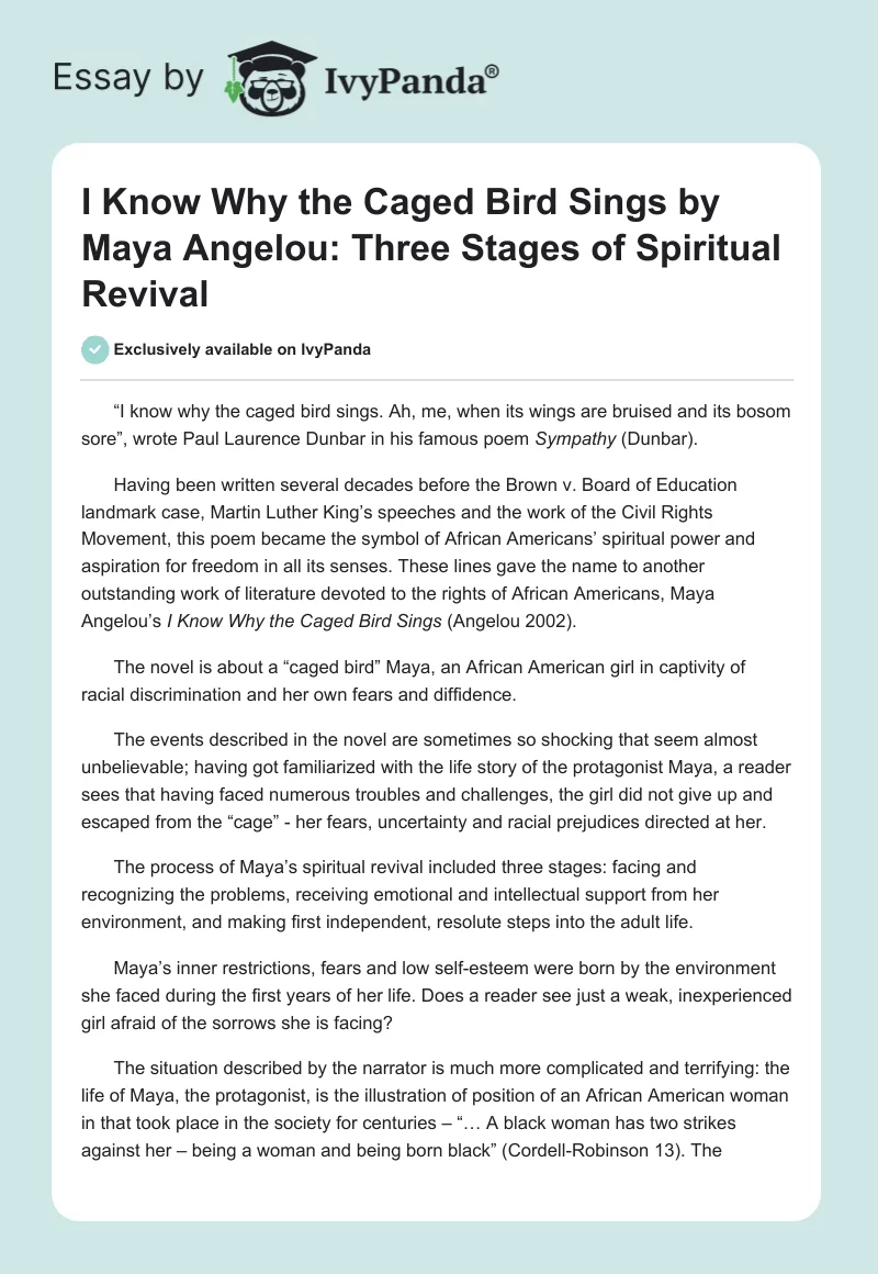 I Know Why the Caged Bird Sings by Maya Angelou: Three Stages of Spiritual Revival. Page 1