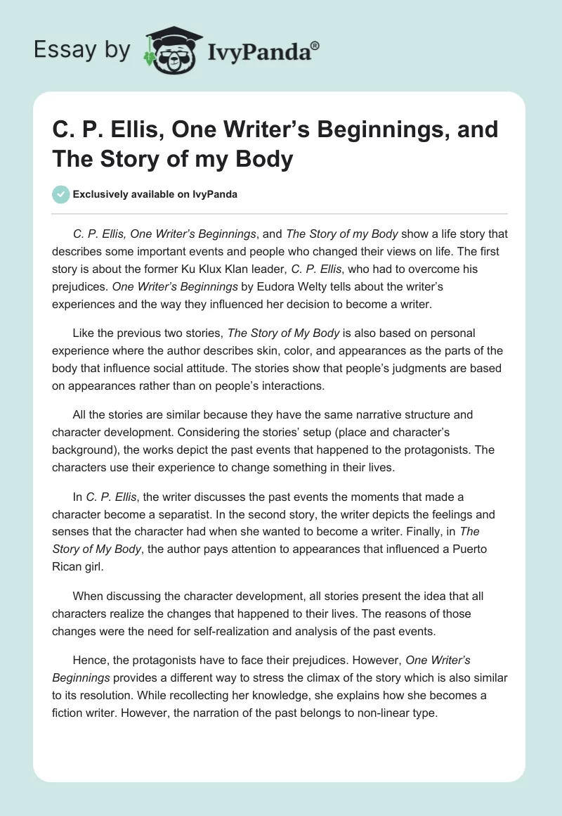 C. P. Ellis, One Writer’s Beginnings, and The Story of my Body. Page 1