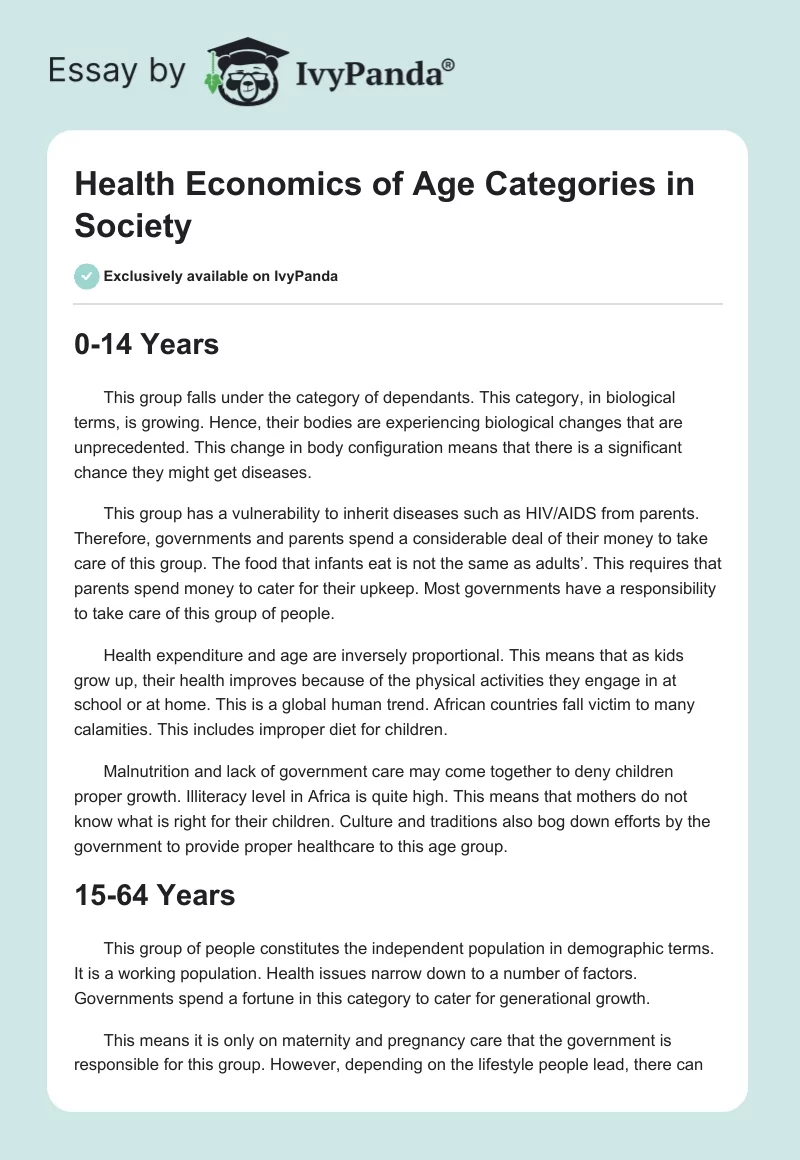 Health Economics of Age Categories in Society. Page 1